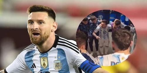 Messi arengando a sus compañeros